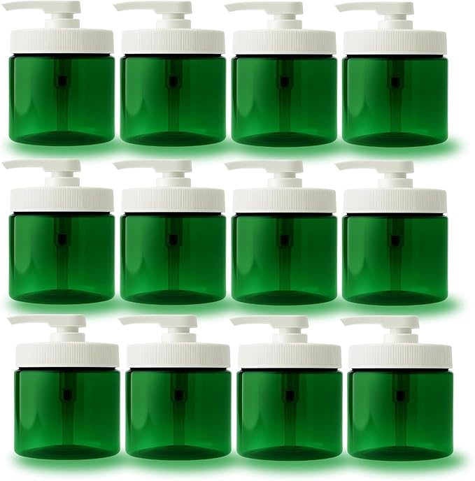 Royal Massage 16oz Refillable Pump Jar with Locking Dip Tube Dispenser – BPA-Free Plastic Container for Massage Oils, Lotions, Creams – Ribbed Lid Wide-Mouth Jar – Durable & Reusable (Green/White, 12)