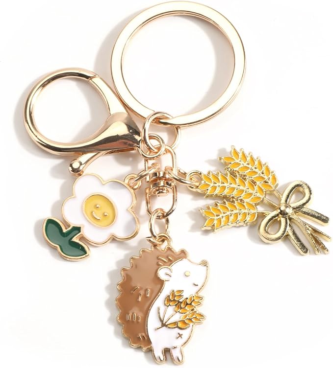 Hedgehog Keychain with Flower Thanksgiving Keycharm with Wheat Unique Animal Keyring for Women Farm Keychains Gifts