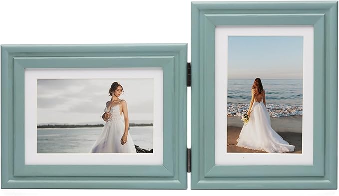 Horizontal & Vertical 5X7 Picture Frames Double Hinged Wood Folding Photo Frames with Real Glass Front Fit for Desktop or Tabletop Display Pictures 4x6 with Mat or 5x7 Without Mat, Teal Blue