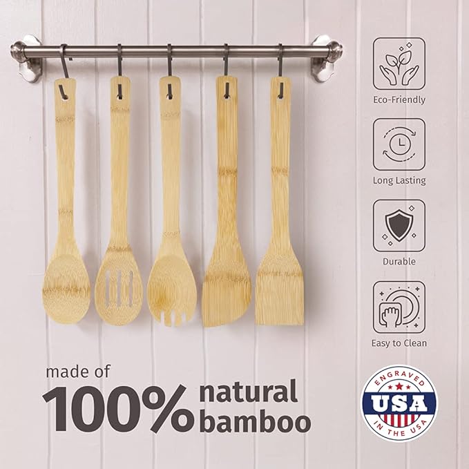 PrintSupremacy Bamboo Cooking Spoons Set, Non Stick Wooden Kitchen Gadget Pan Cookware, Baking Gift for Housewarming Wedding Birthday, Chef Foodie Gift (Plain, 5 pcs)