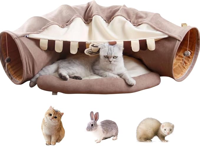 EAEDMY Cat Rabbit Tunnel Bed Nest for Cats Indoor, with Collapsible Washable Soft Cushion, Plush Ball and Exercise Wheel Tube, Fit for Puppy Bunny Kitty Kitten Ferret(2.Coffee)