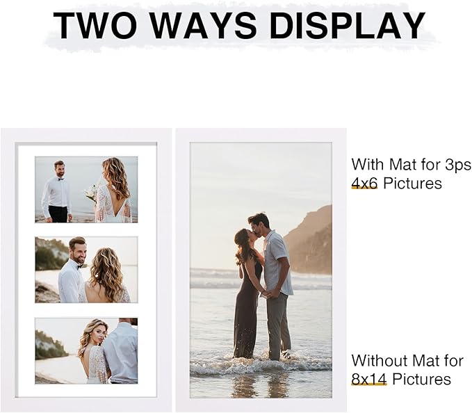 Vittanly 8x14 Picture Frames Collage Wall Decor, Displays 3Pcs 4x6 Pictures with Mat or 1Pcs 8x14 without Mat, Collage Picture Frame for Horizontal or Vertical Display, White, 1 Pack