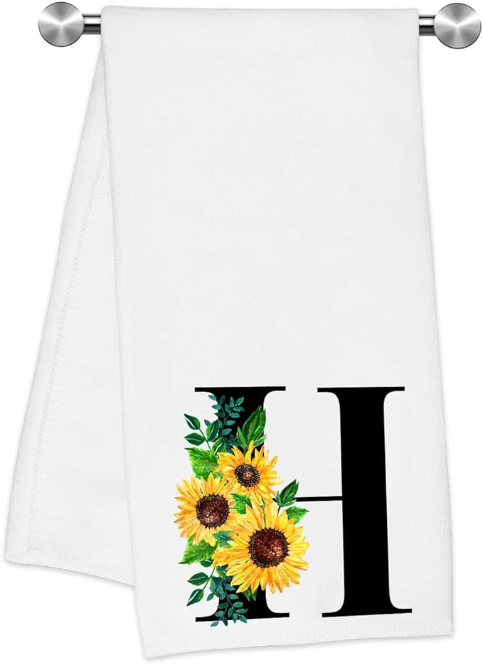 Monogrammed Sunflower Hand Towels,Ini-tial H Tea Towel Letter Kitchen Towels,Sunflower Gifts for Women,Monogram Dish Towel 17x23 Inch,Kitchen Bathroom Decorative Ini-tial Gifts for Mom Wife