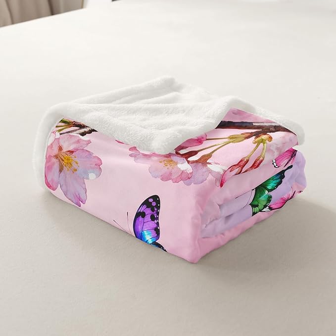 Feelyou Girls Butterfly Fleece Throw Blanket Baby 30"x40" Kids Chic Gorgeous Sherpa Blanket Plush Fuzzy for Bed Couch Chair Living Room, Floral Flower Bed Blanket Room Decor