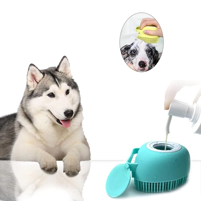 Pet Grooming Bath Massage Brush with Soap and Shampoo Dispenser Soft Silicone Bristle for Long Short Haired Dogs Cats Shower (Blue)