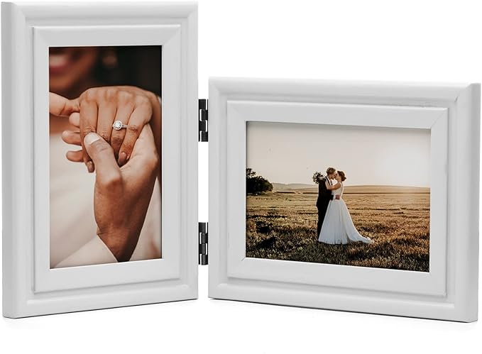 Vertical & Horizontal 4X6 Picture Frames Double Hinged Wood Folding Photo Frames with Real Glass Front Fit for Desktop or Tabletop, White XBAI-V46-H64
