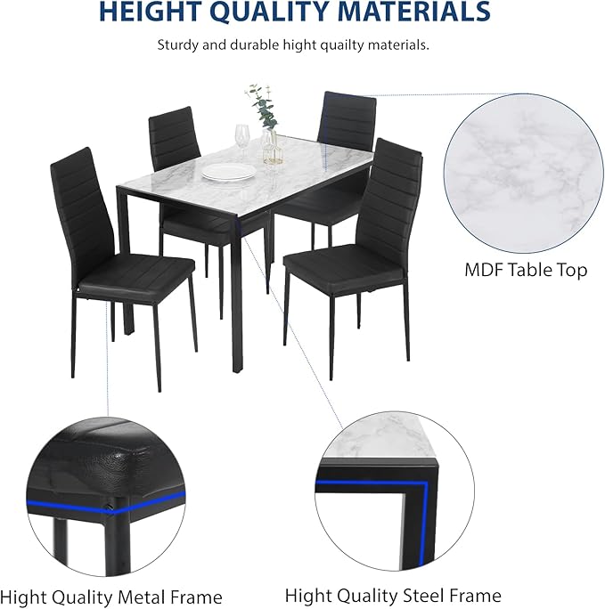 FDW Dining Table Set Dining Room Table Set for Small Spaces Kitchen Table and Chairs for 4 Table with Chairs Home Furniture Rectangular Modern (White Marble)