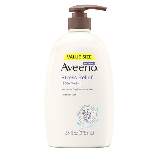 Aveeno Stress Relief Body Wash for Women, Calming Lavender Scent & Prebiotic Oat, Cleanser for Sensitive Dry Skin, Paraben, Dye & Soap-Free, 33 Fl Oz