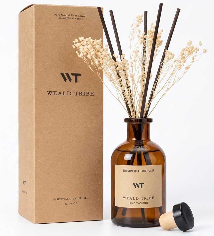 WEALD TRIBE Reed Diffuser Set for Bathroom Air Fresheners, Oil Diffuser Sticks | White Jasmine Scent 4.0 fl oz Home Fragrance with Sticks Defusers | House Bedroom Office Shelf Decor