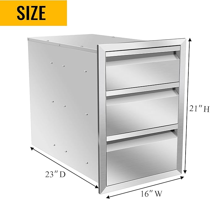 Outdoor Kitchen Drawers Stainless Steel 16W X 21H X 23D Inch, Flush Mount Triple BBQ Island Drawers with Hidden Handle for Outdoor Kitchens, Patio or Grill Station