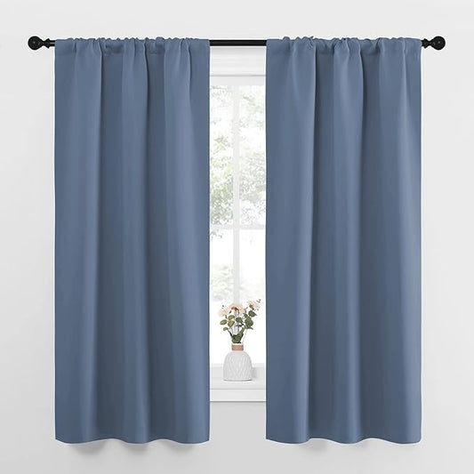 NICETOWN Bedroom Curtains, Home Decoration Solid Thermal Insulated Draperies & Drapes, Blackout Window Curtains for Kitchen (Stone Blue, 2 Panels, 34 in x 63 in (W x L))