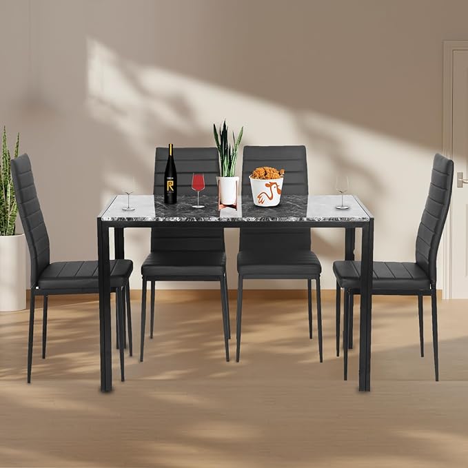 FDW Dining Table Set Dining Room Table Set for Small Spaces Kitchen Table and Chairs for 4 Table with Chairs Home Furniture Rectangular Modern (Black Marble)