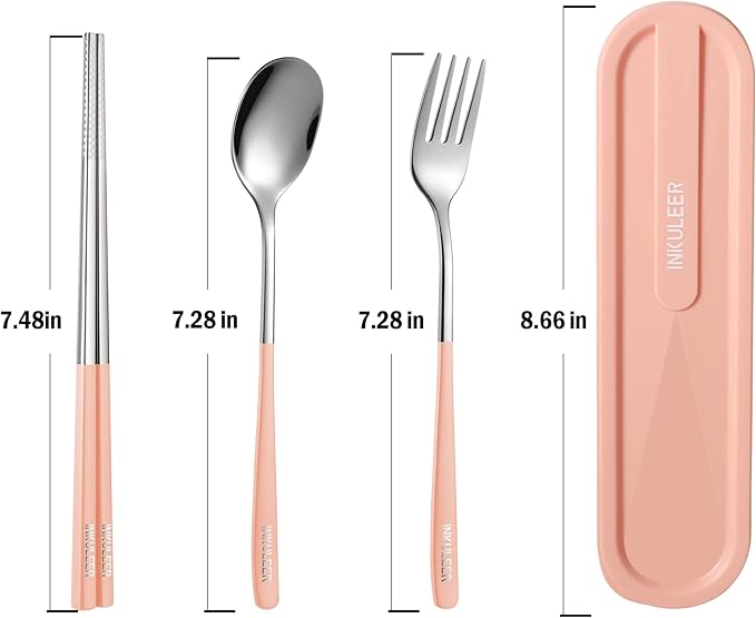 Travel cutlery set, 18/8 stainless steel cutlery, Reusable utensils set with case, Portable Silverware Lunch Box for Camping and Office (Pink)