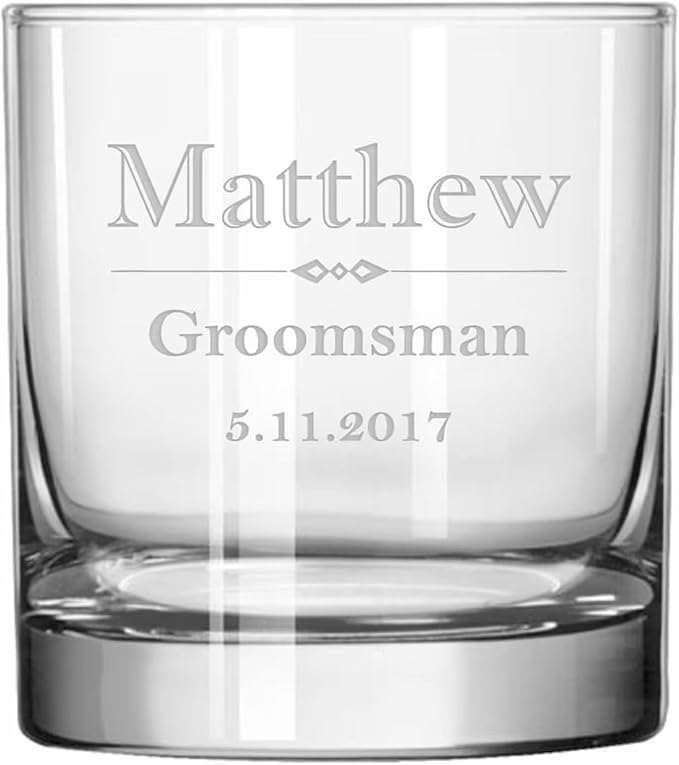 Blue Ridge Mountain Gifts Personalized Engraved 11oz Whiskey Glass – Custom Groomsmen Gift for Wedding Party – Etched Rocks Glass for Bourbon, Scotch, and Cocktails