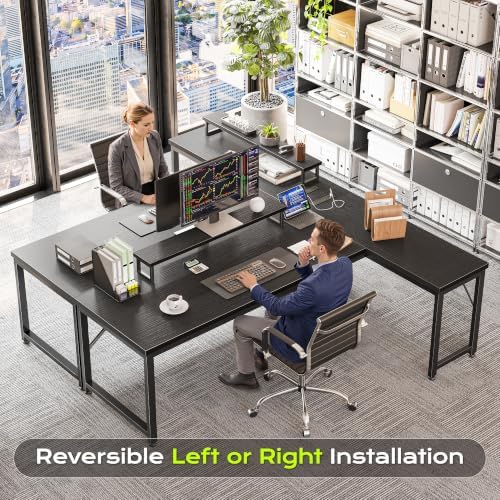 PRAISUN 61" L Shaped Computer Desk, Power Outlets, Monitor Stand, Black