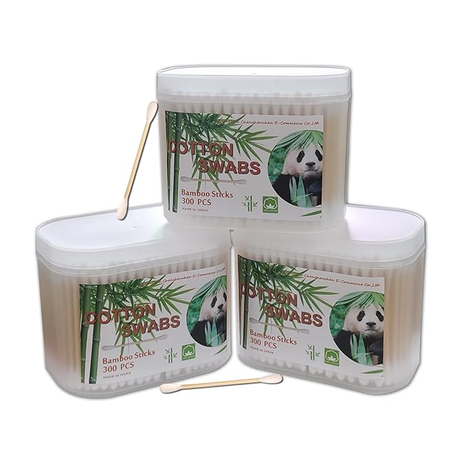 Bamboo Cotton Swabs 900ct, Natural Cotton Buds with Larger Tips for Personal Care，3 Pack Biodegradable Cotton Tips