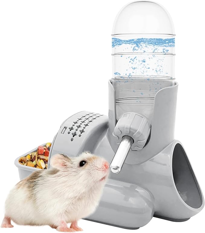 VANNON 3-in-1 Hamster Water Bottle with Food Bowl & Hideout Base, Grey | 3-in-1 feeding station combines water, food and hideout space to help keep hamster cages organized and easy to maintain.