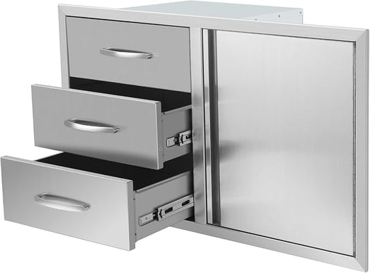 Outdoor Kitchen Drawers Stainless Steel 38.3W X 22.7H X 20.7D Inch, Flush Mount Triple BBQ Island Drawers with Handle for Outdoor Kitchens, Patio or Grill Station