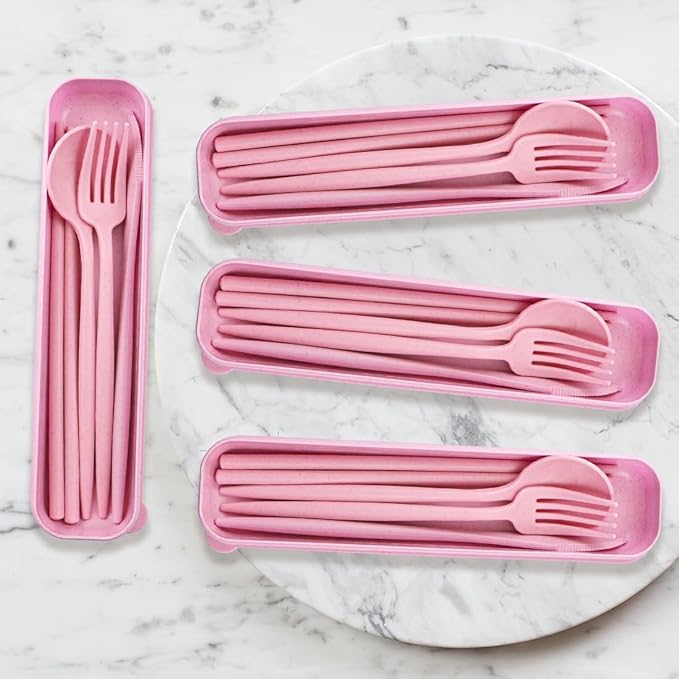 4 Sets Reusable Utensils Set with Case,Camping Cutlery Set Travel Silverware Set with Case Lunch Utensils Set for Work,Utensil Sets for Lunch Picnic Daily Use Outdoor (Pink)