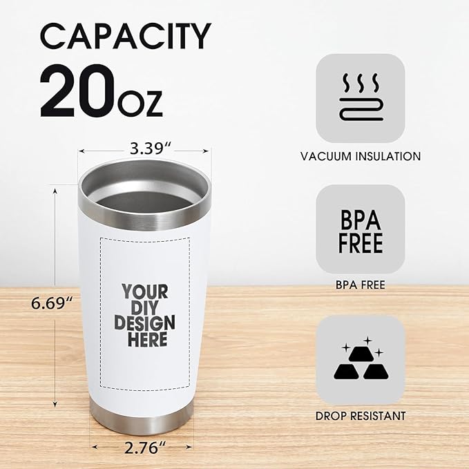 Personalized Custom Tumbler Print in USA 96 Pcs 20oz Stainless Steel Coffee Cup with Lid & Straw Double Wall Insulated Tumbler with Colorful Text Logo Photo