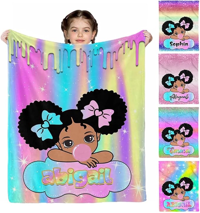 D-Story Personalized Blanket with Name - Custom for Adult, Kids, Baby - Monogrammed Black Girl Blanket - Gifts for Girls Boys