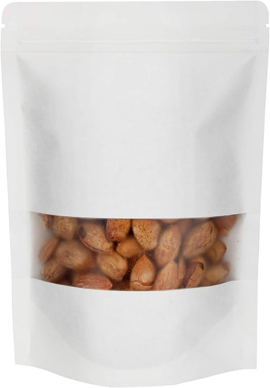 Blisstime 50 Pieces Resealable Bags for Small Business, White Kraft paper Stand Up Pouches with Matte Window Reusable Heat Sealable Bags for Packaging (4.7 X 7.9 Inches)