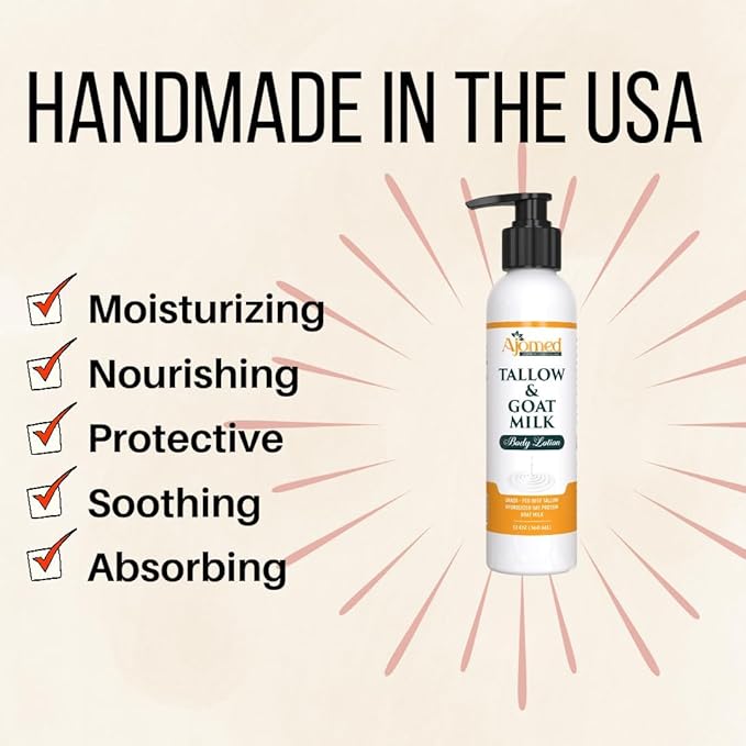 Tallow & Goat Milk Body Lotion for Sensitive Skin, Organic moisturizing Lotion - tallow for skin cream, Dry skin, Goat Milk face and body Moisturizer - Handmade Tallow lotion 12oz LAVENDER VANILLA