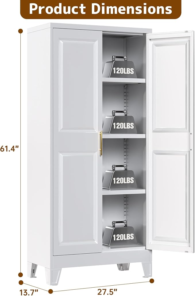 61.49''H Metal Pantry Storage Cabinet with 3 Adjustable Shelves,Farmhouse Kitchen Pantry Cabinet with 2 Doors for Home Kitchen,White, Assemble Required,13.7" D x 27.5" W x 61.4" H