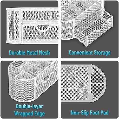 Mesh Desk Organizer with Drawer, 9-Compartment Pen Holder for Desk, White