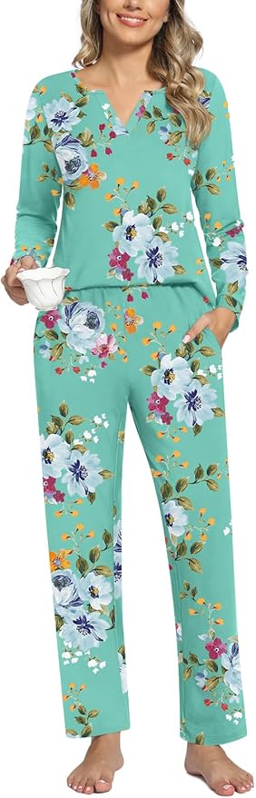 Anyally Women's Plus Size Pajama Sets Ladies Fall Pjs 2 Pieces Lounge Outfits V Neck Long Sleeves Sleepwear with Pockets