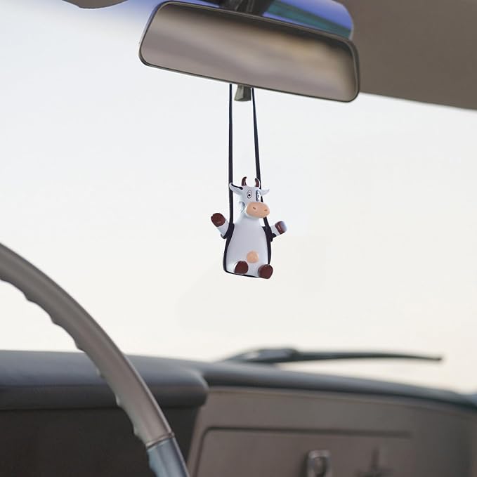 YGMONER Swinging Cow Car Hanging Ornament – Favorite Farm Animal Car Interior Mirror Decorations, Funny Rear View Mirror Hanging Accessories, Ideal Gift for Animal Lovers (Cow)