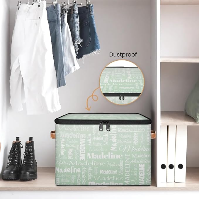 Custom Storage Basket with Name, Personalized Keepsake Box with Zipper Lid, Foldable Fabric Memory Bin Large capacity with Handle Green