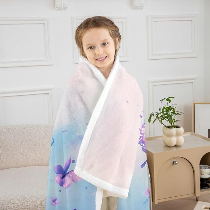 Feelyou Girls Fleece Throw Blanket Throw 50"x60" Kids Blue Butterfly Sherpa Blanket Plush Fuzzy for Bed Couch Chair Living Room, Floral Flower Bed Blanket Cute Watercolor Room Decor