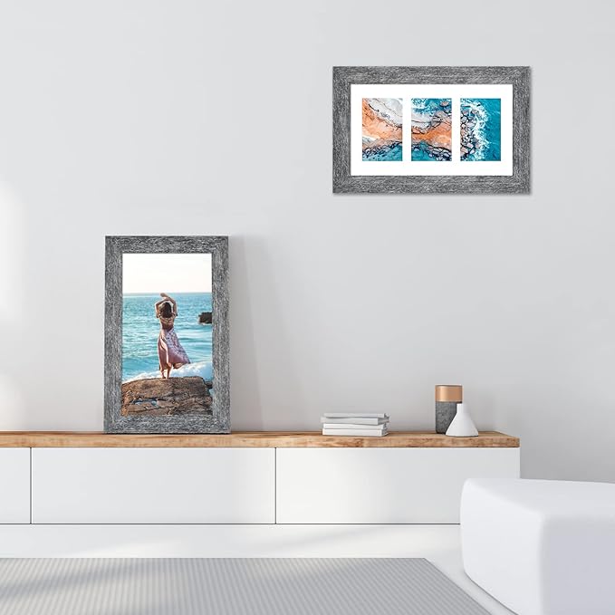 8x14 Picture Frame Display 3 opening 4X6 Picture Frame Collage,Multi Photo Frame with Mat,Plexiglass,Wall Hanging Decor,Grey Wood Grain