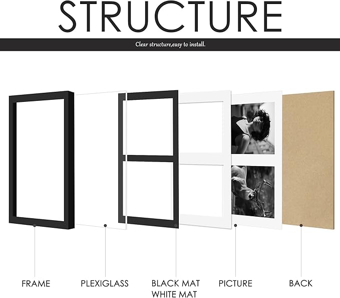 8.5x12 Collage Picture Frame, 5x7 Collage Picture Frame, Displays Double 5x7 inch Photos, Wall Decor Wall Hanging or Tabletop, Black Mat.