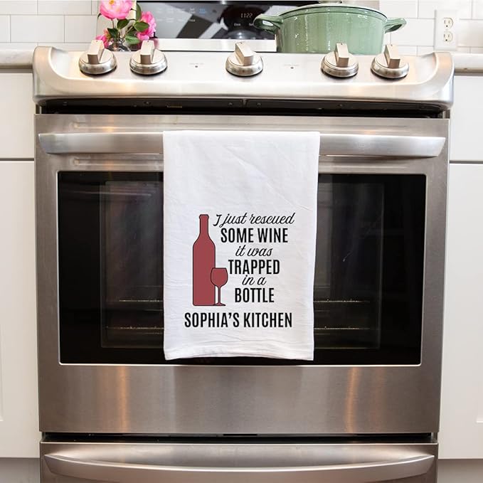 Andaz Press Funny Personalized Kitchen Towel, Flour Sack Tea Towel, I Just Rescued Some Wine It was Trapped in A Bottle Custom Name Kitchen, Housewarming Birthday for Mom, Daughter
