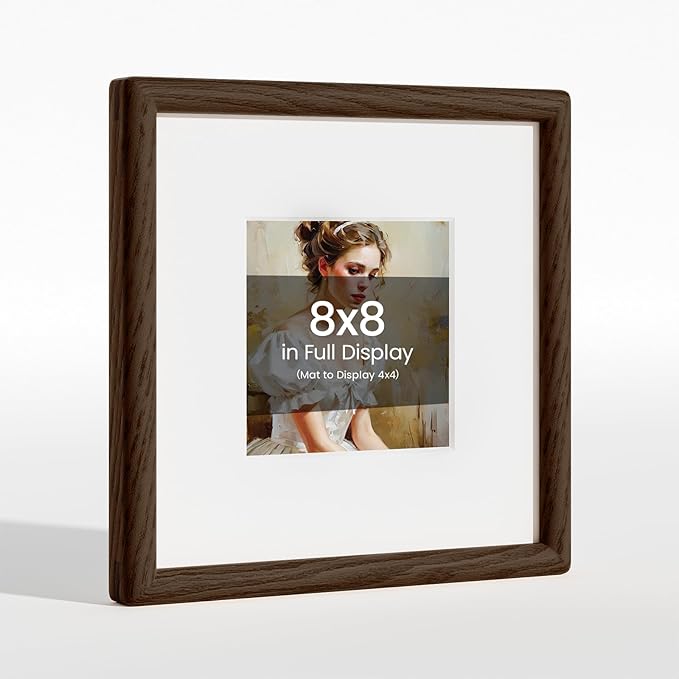 8x8 Picture Frame Natural Oak Wood From California-USA Walnut Color Finished Handcrafted 8 x 8 Photo Frame Matted to 4x4 Photo with Real Tempered Glass,for Wedding,Family,Graduation Display Table & Wall