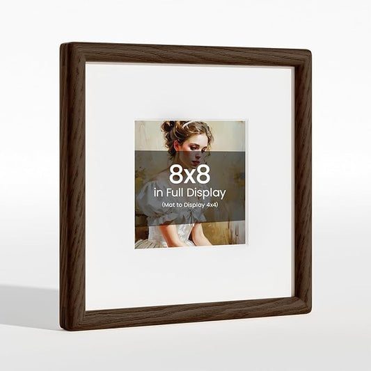 8x8 Picture Frame Natural Oak Wood From California-USA Walnut Color Finished Handcrafted 8 x 8 Photo Frame Matted to 4x4 Photo with Real Tempered Glass,for Wedding,Family,Graduation Display Table & Wall