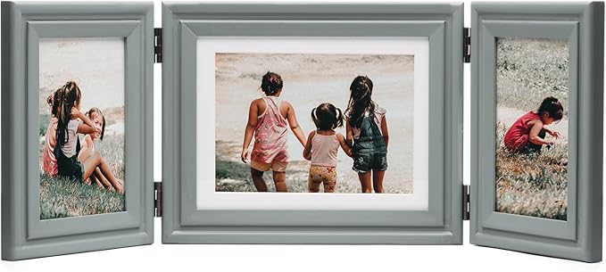 3 Vertical Horizontal 4X6 and 5X7 Picture Frames Hinged Wood Folding Photo Frames with Real Glass Front Fit for Desktop or Tabletop, Gray XHUI-V46H75V46