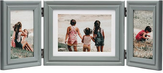 3 Vertical Horizontal 4X6 and 5X7 Picture Frames Hinged Wood Folding Photo Frames with Real Glass Front Fit for Desktop or Tabletop, Gray XHUI-V46H75V46