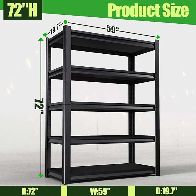Garage Shelving,Heavy Duty Garage Storage Shelves,Metal Shelving Unit,5 Tier Adjustable Steel Utility Shelf,Use for Basement,Warehouse, Pantry Closet,Black (72" H*59" W*19.7" D)