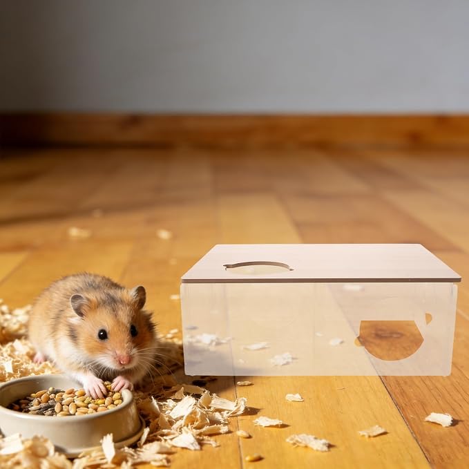 Hamster Hideout Box with 3-Chamber Acrylic Design for Small Pets Like Chinchillas and Gerbils, Multi-Chamber Resting House with Easy Maintenance and Exploration Tunnel, 11x8x4 Inch