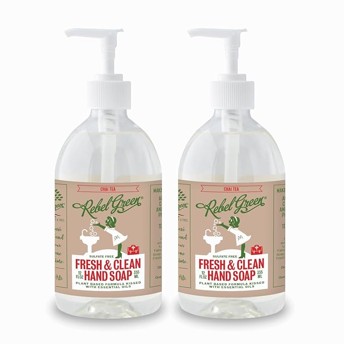 Rebel Green Fresh & Clean Hand Soap - Moisturizing Natural Liquid Hand Soap for Bathroom & Kitchen - Chai Tea, 12 Fl oz, Pack of 2
