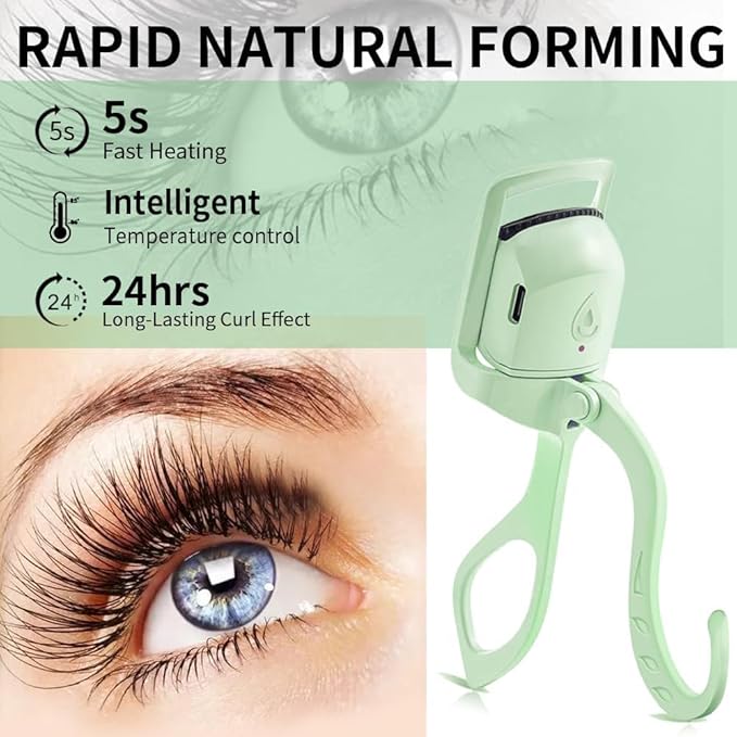 Heated Eyelash Curler, Fast 5s Heat up, 24 Hours Long Lasting, Rechargeable Electric Lash Curler, Temperature Control, Safe Anti-Burn Eye Lash Curler, Quick Natural Curling Lashes (Green)