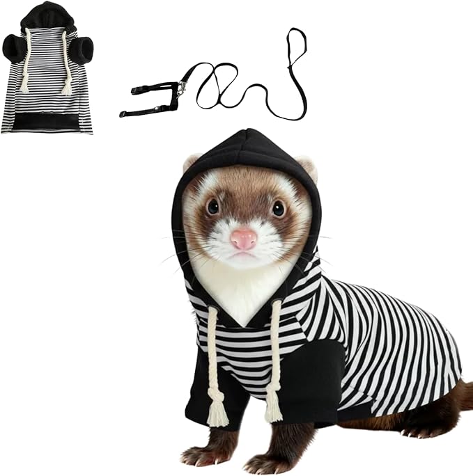 Ferret Harness and Leash Set Ferret Clothes Small Animals Harness Hoodies for Ferrets and Other Small Pet Accessories (Black White-Small)