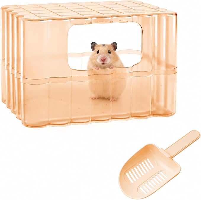 Hamster Sand Bath Container, Small Animal Dust Bath House with Scoop, Brown | Enclosed Hamster Bathroom Digging Box & Toilet for Guinea Pig Gerbil Hedgehog Chinchilla Ferret