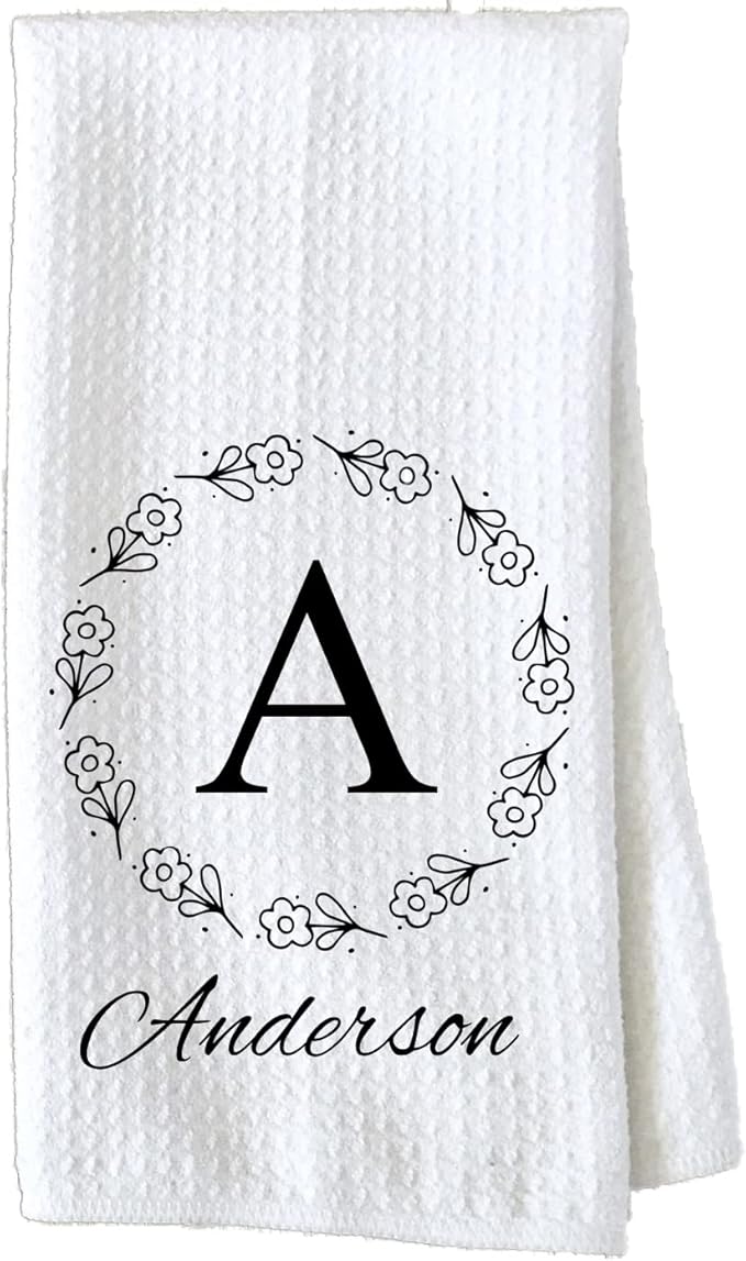 Personalized Kitchen Towel | Custom Tea Towel | Family Name Dish Towel | Kitchen Decor | Hand Towel | Housewarming Gift | Monogram Dishcloth (Wreath 9)