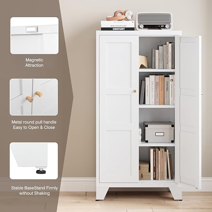 Yizosh Metal Storage Cabinet with Doors and 3 Adjustable Shelves - 47" White Kitchen Pantry Storage Cabinet Locker for Kitchen,Living Room,Dining Room