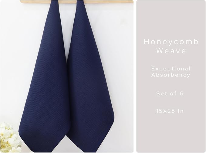 PurpleEssences Waffle Weave Kitchen Towel, 100% Cotton 15x25 Inches, with Hanging Loop Soft Absorbent Quick Drying Dish Cloth, Tea and Hand Towels, 6 Pack - Christmas Holiday Winter - Navy Blue