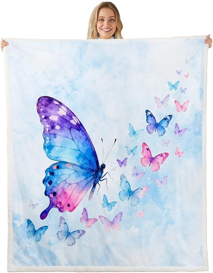 Feelyou Butterfly Fleece Throw Blanket 40"x50" Kids Butterflies Lover Sherpa Blanket Plush Fuzzy for Bed Couch Chair Living Room, Purple Blue Watercolor Bed Blanket Gorgeous Room Decor